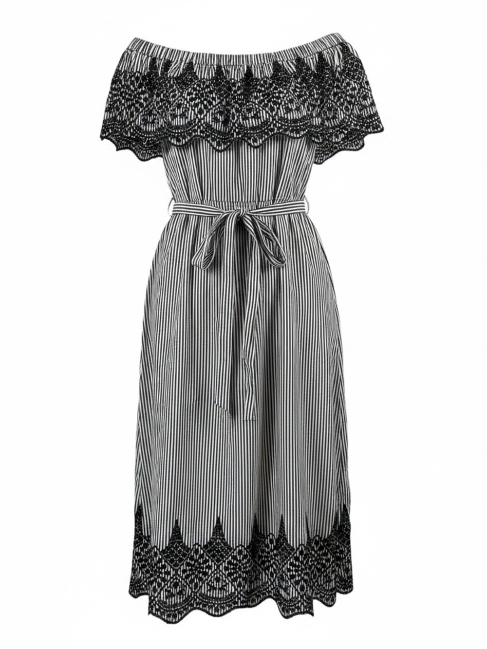 BCBGMAXAZRIA dress XS B&W Striped Off-shoulder Lace Embroidery